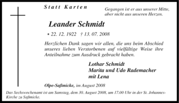 Traueranzeige von Leander Schmidt von Tageszeitung