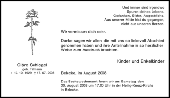 Traueranzeige von Cläre Schlegel von Tageszeitung