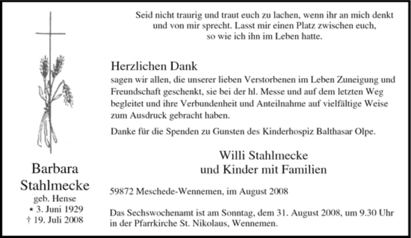  Traueranzeige für Barbara Stahlmecke vom 27.08.2008 aus Tageszeitung