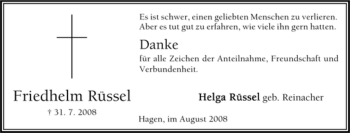 Traueranzeige von Friedhelm Rüssel von Tageszeitung