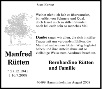 Traueranzeige von Manfred Rütten von Tageszeitung