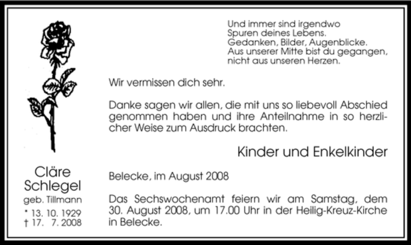  Traueranzeige für Cläre Schlegel vom 27.08.2008 aus Tageszeitung