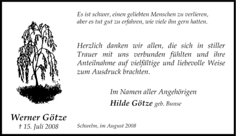  Traueranzeige für Werner Götze vom 30.08.2008 aus Tageszeitung