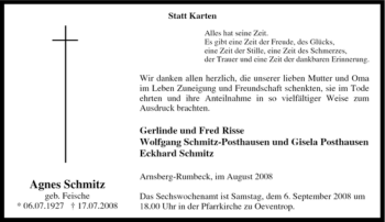 Traueranzeige von Agnes Schmitz von Tageszeitung