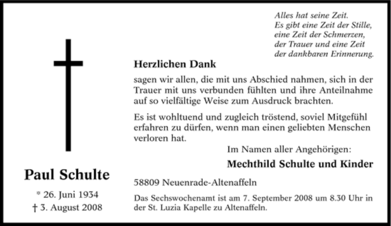 Traueranzeige für Paul Schulte vom 30.08.2008 aus Tageszeitung