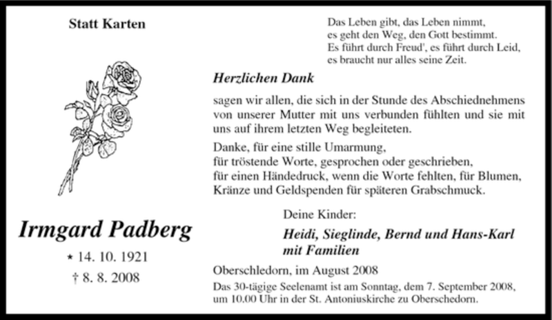  Traueranzeige für Irmgard Padberg vom 30.08.2008 aus Tageszeitung