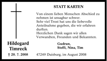 Traueranzeige von Hildegard Timreck von Tageszeitung