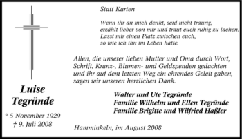 Traueranzeige von Luise Tegründe von Tageszeitung