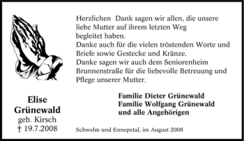 Traueranzeige von Elise Grünewald von Tageszeitung