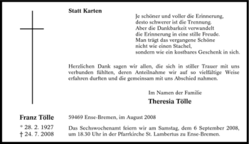 Traueranzeige von Franz Tölle von Tageszeitung