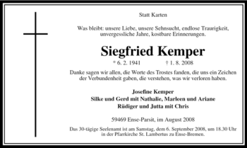 Traueranzeige von Siegfried Kemper von Tageszeitung