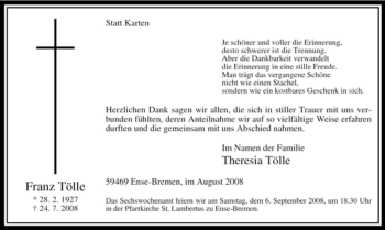Traueranzeige von Franz Tölle von Tageszeitung