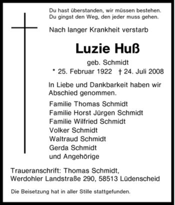 Traueranzeige von Luzie Huß von Tageszeitung
