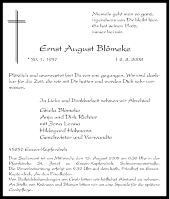 Traueranzeige von Ernst August Blömeke von Tageszeitung