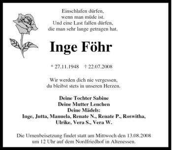 Traueranzeige von Inge Föhr von Tageszeitung