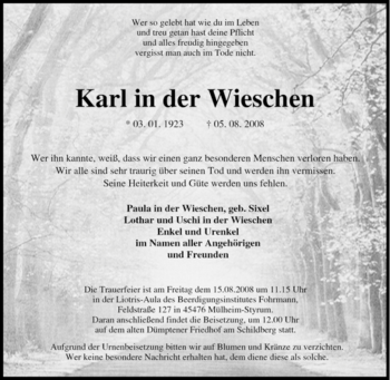 Traueranzeige von Karl in der Wieschen von Tageszeitung