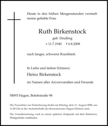 Traueranzeige von Ruth Birkenstock von Tageszeitung