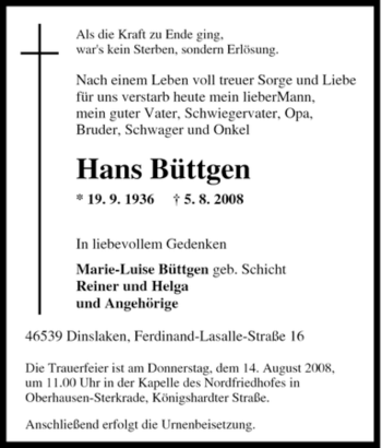 Traueranzeige von Hans Büttgen von Tageszeitung