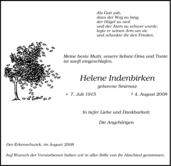 Traueranzeige von Helene Indenbirken von Tageszeitung