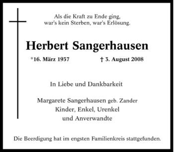 Traueranzeige von Herbert Sangerhausen von Tageszeitung
