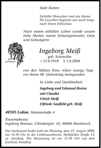 Traueranzeige von Ingeborg Meiß von Tageszeitung