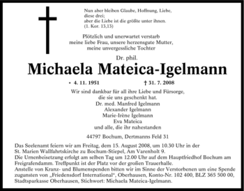 Traueranzeige von Sr. phil. Michaela Mateica-Igelmann von Tageszeitung