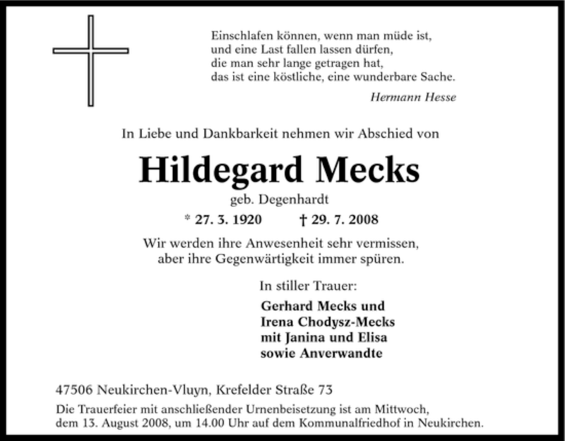  Traueranzeige für Hildegard Mecks vom 09.08.2008 aus Tageszeitung