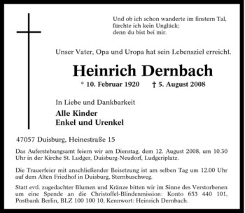 Traueranzeige von Heinrich Dernbach von Tageszeitung