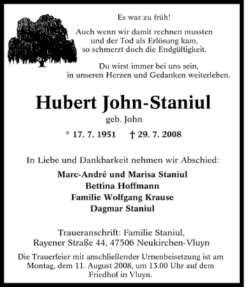 Traueranzeige von Hubert John-Staniul von Tageszeitung
