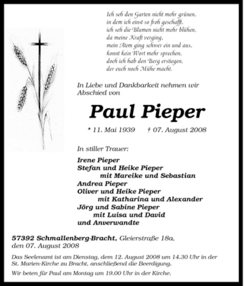  Traueranzeige für Paul Pieper vom 09.08.2008 aus Tageszeitung