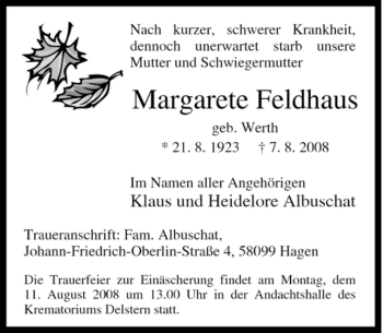 Traueranzeige von Margarete Feldhaus von Tageszeitung