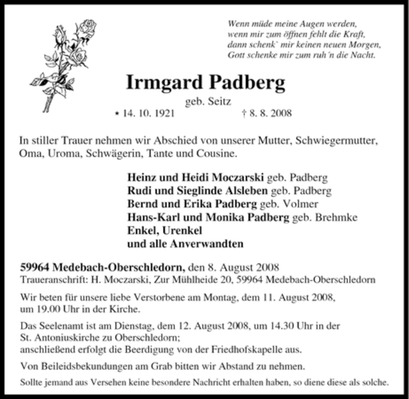  Traueranzeige für Irmgard Padberg vom 09.08.2008 aus Tageszeitung