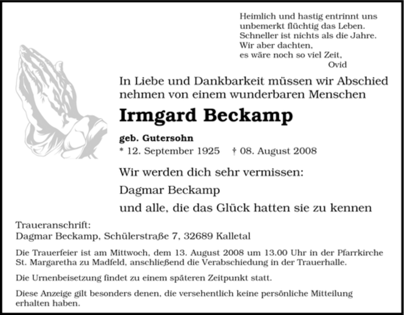  Traueranzeige für Irmgard Beckamp vom 09.08.2008 aus Tageszeitung