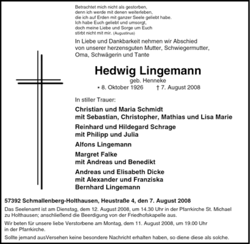  Traueranzeige für Hedwig Lingemann vom 09.08.2008 aus Tageszeitung