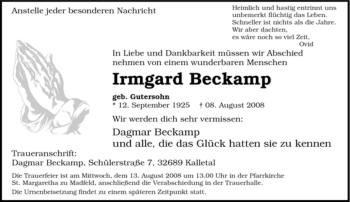Traueranzeige von Irmgard Beckamp von Tageszeitung