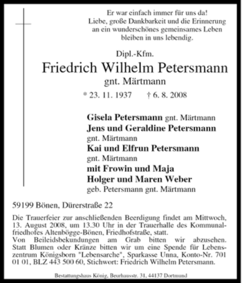 Traueranzeige von Friedrich Wilhelm Petersmann von Tageszeitung