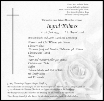 Traueranzeige von Ingrid Wilmes von Tageszeitung