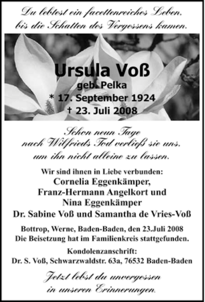  Traueranzeige für Ursula Voß vom 12.08.2008 aus Tageszeitung