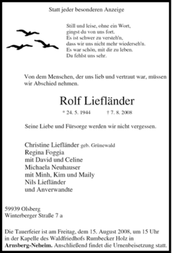 Traueranzeige von Rolf Liefländer von Tageszeitung