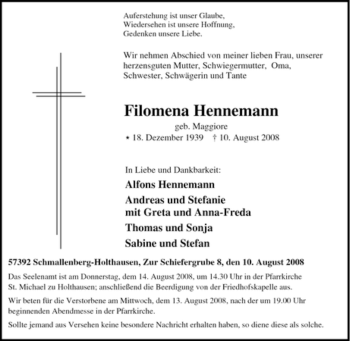 Traueranzeige von Filomena Hennemann von Tageszeitung