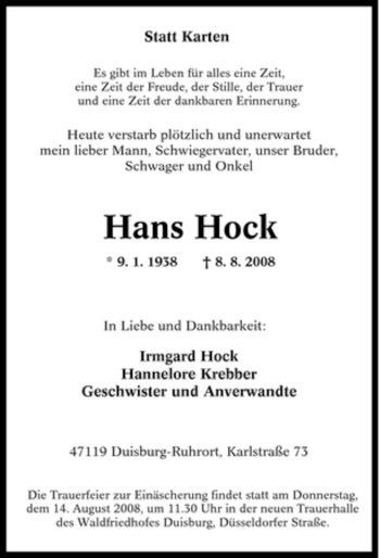 Traueranzeige von Hans Hock von Tageszeitung