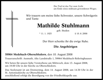 Traueranzeige von Mathilde Stuhlmann von Tageszeitung