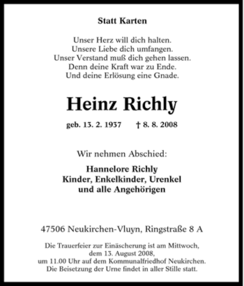 Traueranzeige von Heinz Richly von Tageszeitung