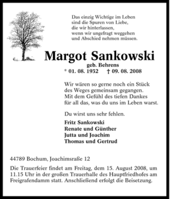 Traueranzeige von Margot Sankowski von Tageszeitung