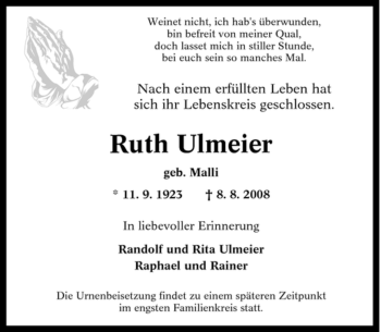 Traueranzeige von Ruth Ulmeier von Tageszeitung