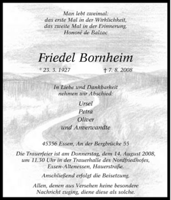 Traueranzeige von Friedel Bornheim von Tageszeitung
