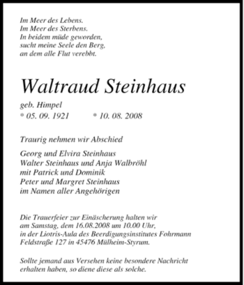 Traueranzeige von Waltraud Steinhaus von Tageszeitung