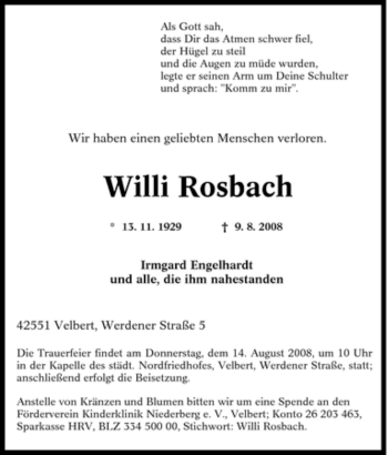 Traueranzeige von Willi Rosbach von Tageszeitung