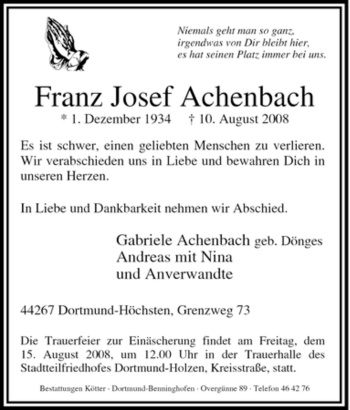 Traueranzeige von Franz Josef Achenbach von Tageszeitung