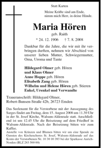 Traueranzeige von Maria Hören von Tageszeitung